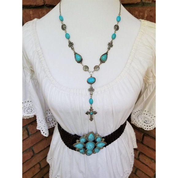 Artisan Hand Crafted Necklace Earrings Set Rosary Cross Turquoise Silver Beaded - Picture 3 of 7
